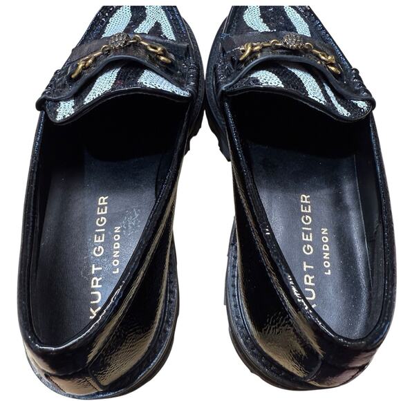 New Kurt Geiger London Women's Black Patent Leather Sequin Zebra Print Loafers - Picture 6 of 10
